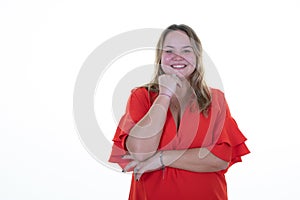 Curvy pretty cute Young Woman smiling friendly With blond Hair portrait in studio white background