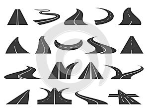 Curvy road elements. Perspective highway windings, winding road and highway path marking with direction signs. Vector