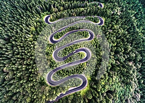 Curvy road from the high mountain pass in Transfagarasan, Romania.