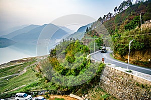 Curvy Road on the mountains of Tehri Garhwal, Uttarakhand. Tehri Lake is an artificial dam reservoir