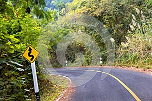 Curvy road sign on mountain