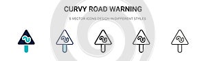 Curvy road warning sign icon in filled, thin line, outline and stroke style. Vector illustration of two colored and black curvy