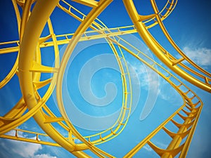 Curvy roller coaster rails in the sky. 3D illustration