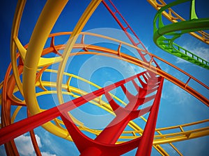 Curvy roller coaster rails in the sky. 3D illustration