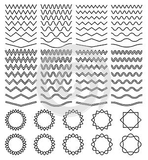 Curvy waves and zigzag striped lines and round jagged frames vector set