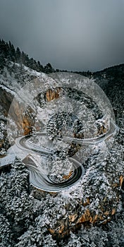 Curvy windy mountain road in snow covered forest, top down aerial view. Winter landscape