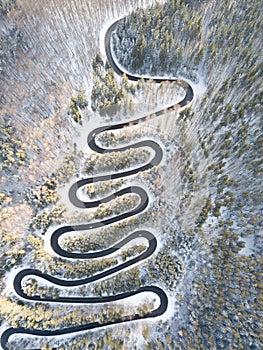 Curvy windy road in snow covered forest