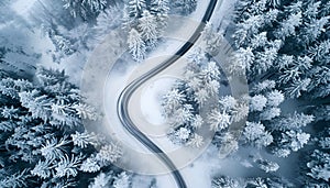 Curvy windy road in snow covered forest