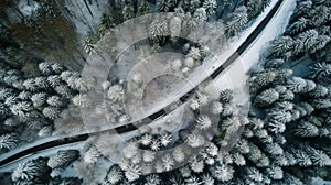 Curvy windy road in snow covered forest top down aerial view