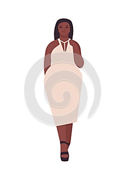 Curvy young woman flat vector illustration. Plump african american girl cartoon character wearing white evening dress