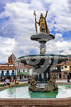 Statue of Pachacuti at the Plaza de Armas of Cusco in Peru