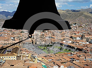 Cusco -Peru, city and aerial view of the Plaza de Armas and church with a background of mountains on June 2019