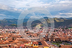 Cusco, view of centre and cityscape of city and mountains from above, Peru, South America