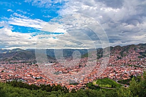 Cusco, view of centre and cityscape of city and mountains from above, Peru, South America