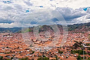 Cusco, view of centre and cityscape of city and mountains from above, Peru, South America