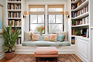 cushioned window seat flanked by floortoceiling bookshelves