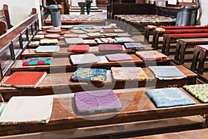 Cushions of pews in church