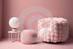 A cushy armchair and a pouf with a table nearby, all situated in front of a pink wall photo