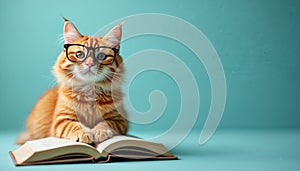 Cushy red cat wears glasses, lies on open book on blue background. Cozy ginger kitty reading. Adorable feline pet is smart and photo