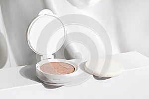 cusion primer powder of foundation cream with compact, product container cosmetic makeup mockup on white photo