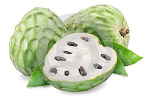 Custard apples or cherimoya fruits and slice of fruit isolated on white background