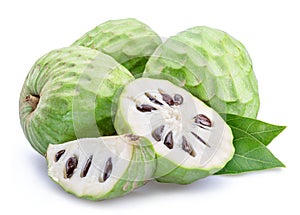 Custard apples or cherimoya fruits and slices of fruit isolated on white background