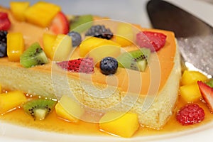 Custard cake topped with fresh fruit