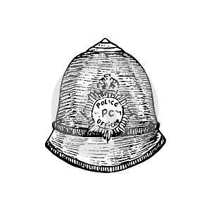 The custodian helmet British Bobby police hat,  gravure style ink drawing illustration isolated