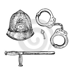 The custodian helmet British Bobby police hat, Handcuffs and key, Police baton truncheon or nightstick, gravure style  drawing