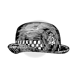 Custodian helmet, british police woman uniform hat, gravure style ink drawing illustration isolated