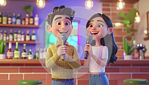 People in kareoke bar singing cartoon