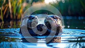 Otters floating on back in calm river