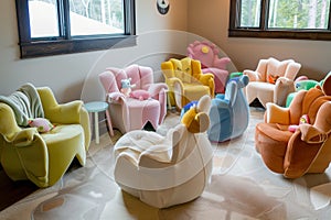 custom animalshaped chairs arranged in a childrens room