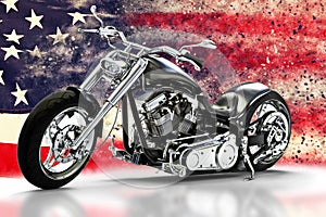 Custom black motorcycle with American flag background with dispersion effects. Made in America concept.