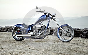 Custom blue motorcycle with a mountain range landscape background.