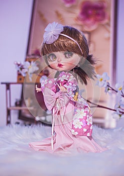 Custom blythe doll pink kimono