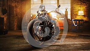 Custom Bobber Motorbike Standing in an Authentic Creative Workshop. Vintage Style Motorcycle Under