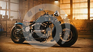 Custom Bobber Motorbike Standing in an Authentic Creative Workshop. Vintage Style Motorcycle Under