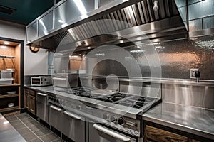 custom-built cooking station with commercial range, industrial vent hood, and granite countertop