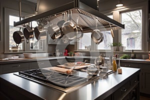 custom-built cooking station featuring glass cooktop, stainless steel hood and hanging pots and pans