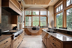 custom-built cooking station surrounded by window with beautiful view of the outdoors
