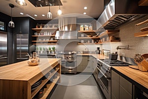 a custom-built kitchen with professional cooking equipment and a variety of utensils
