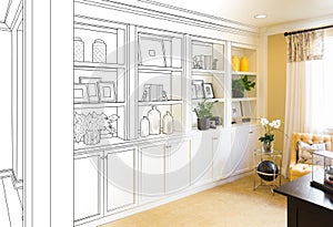 Custom Built-in Shelves and Cabinets Design Drawing Gradating photo