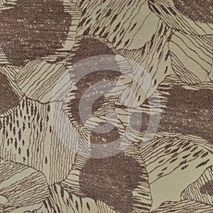 Custom camouflage texture pattern, horizontal pale green tan taupe brown textured camo background, old aged weathered cotton twill