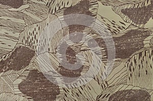 Custom camouflage texture pattern, horizontal pale green tan taupe brown textured camo background, old aged weathered cotton twill