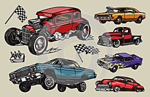 Custom cars colorful vintage composition