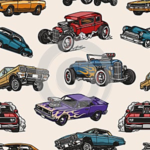Custom cars vintage colorful seamless pattern