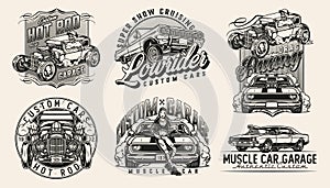 Custom cars vintage monochrome badges