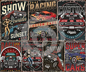 Custom cars vintage posters set