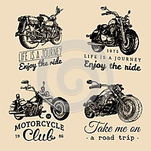 Custom chopper and motorcycle logos set. Vintage inspirational posters, t-shirt prints collection for MC, garage etc.